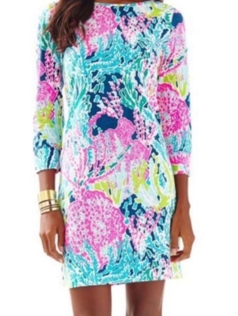 Lilly Pulitzer Marlowe Pima Cotton 3/4 Sleeve Dress S Let's Cha Cha Print
